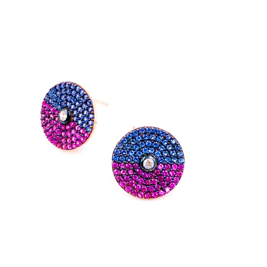 Aretes redondos con zirconias azul y fucsia